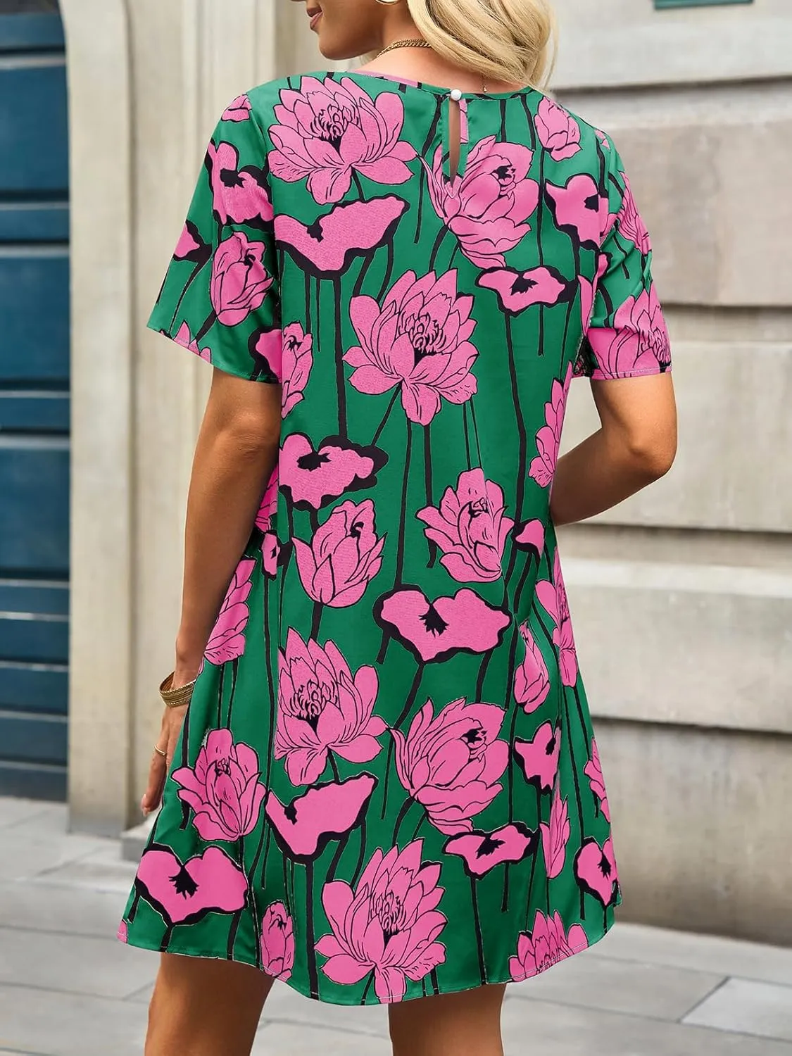 Wenrine Womens Summer Dress Casual Floral Mini Dress Short Sleeve Pleated Front Loose Beach Tunic Dresses with Pockets