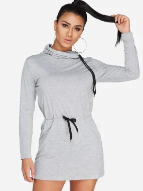 Wholesale Chimney Collar Long Sleeve Plain Side Pockets Self-Tie Grey Casual Dresses