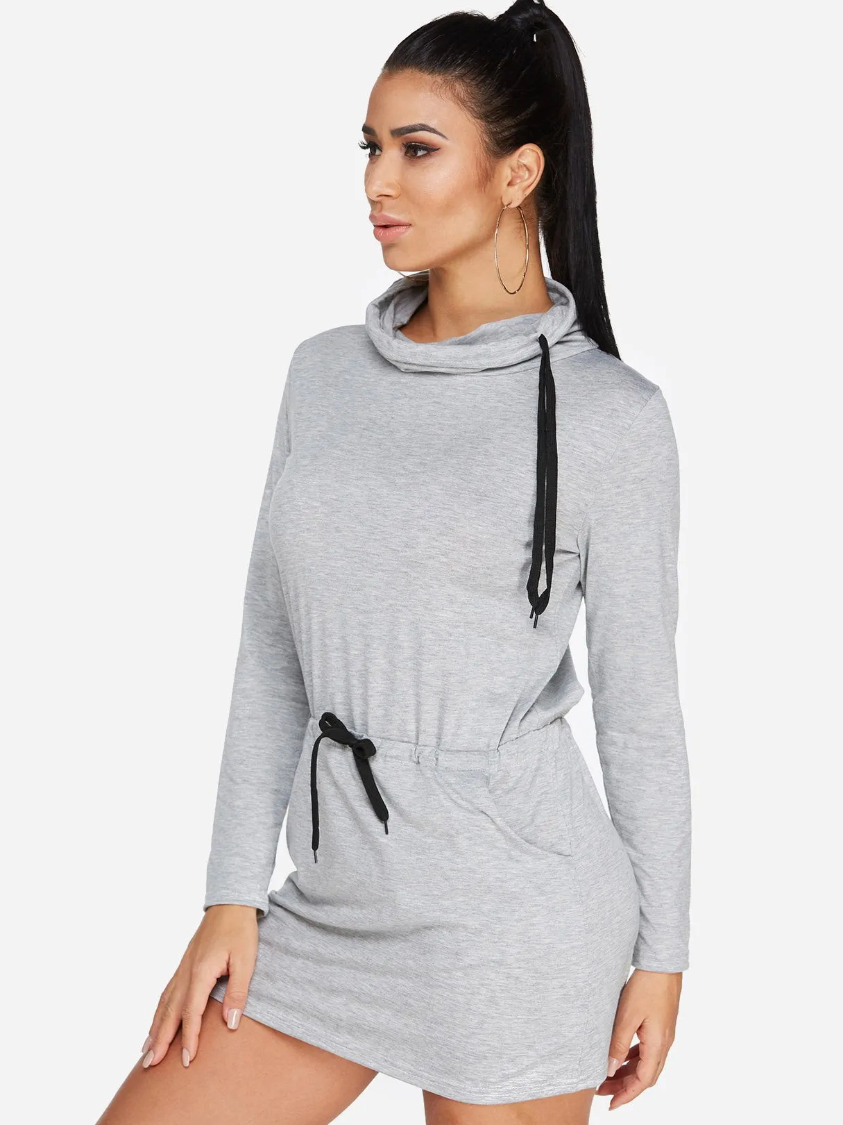 Wholesale Chimney Collar Long Sleeve Plain Side Pockets Self-Tie Grey Casual Dresses
