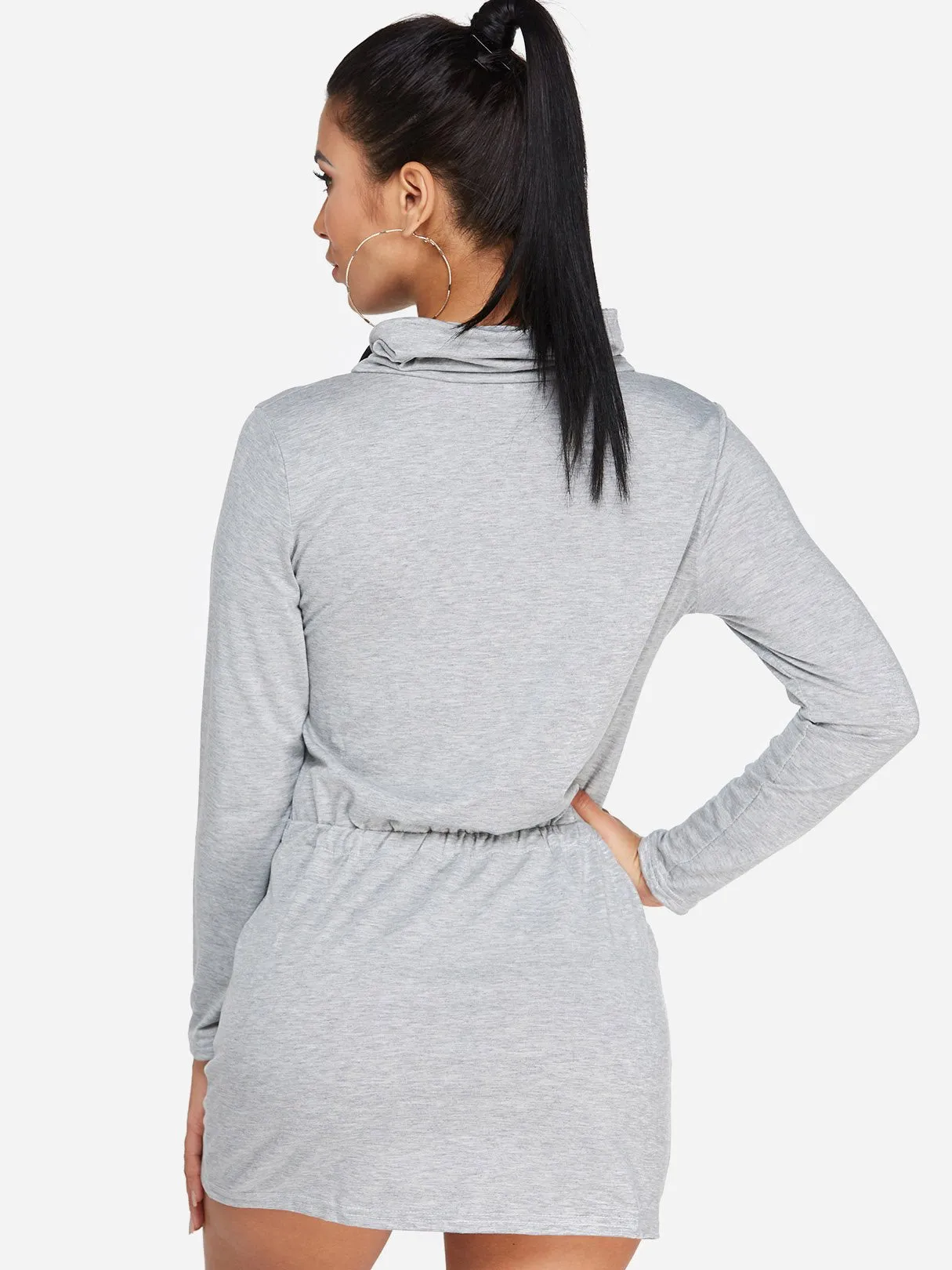 Wholesale Chimney Collar Long Sleeve Plain Side Pockets Self-Tie Grey Casual Dresses