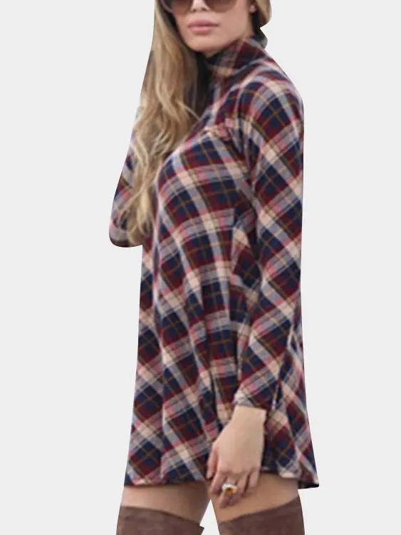 Wholesale Grid Chimney Collar Long Sleeve Grid Casual Dress