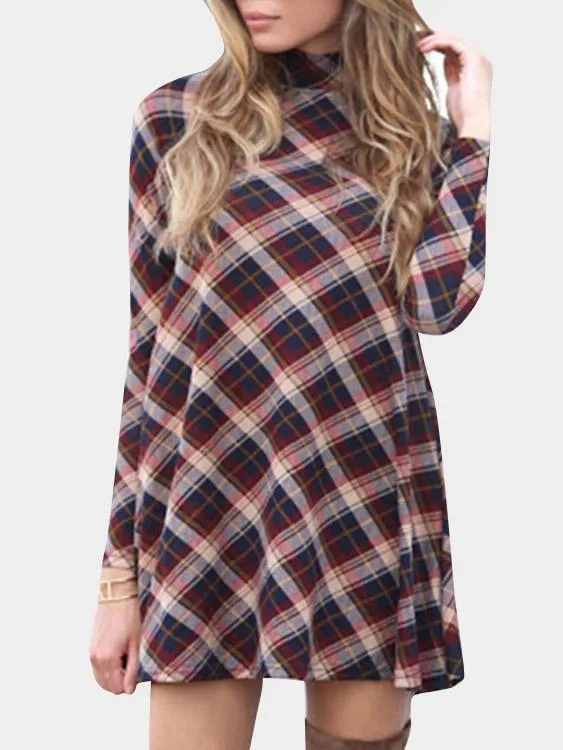 Wholesale Grid Chimney Collar Long Sleeve Grid Casual Dress