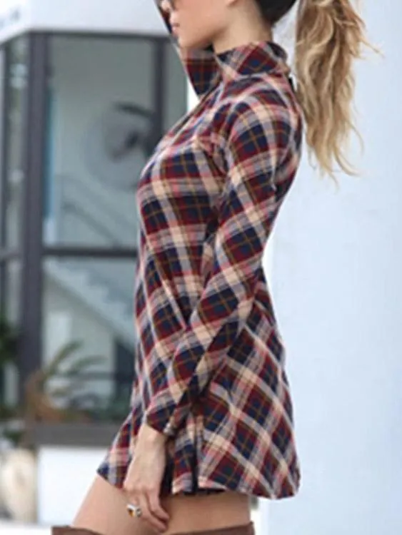 Wholesale Grid Chimney Collar Long Sleeve Grid Casual Dress