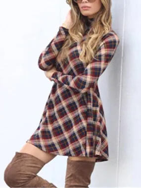 Wholesale Grid Chimney Collar Long Sleeve Grid Casual Dress