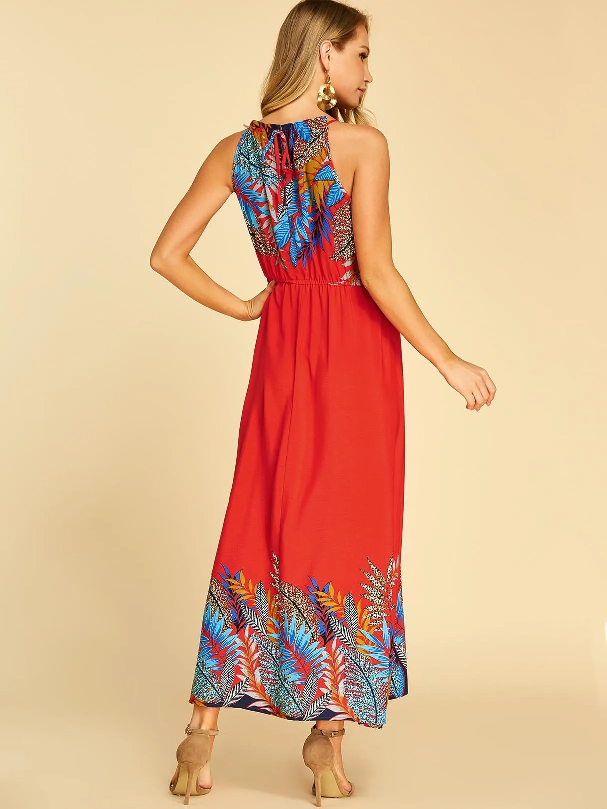 Wholesale Red Halter Sleeveless Floral Print Casual Dress