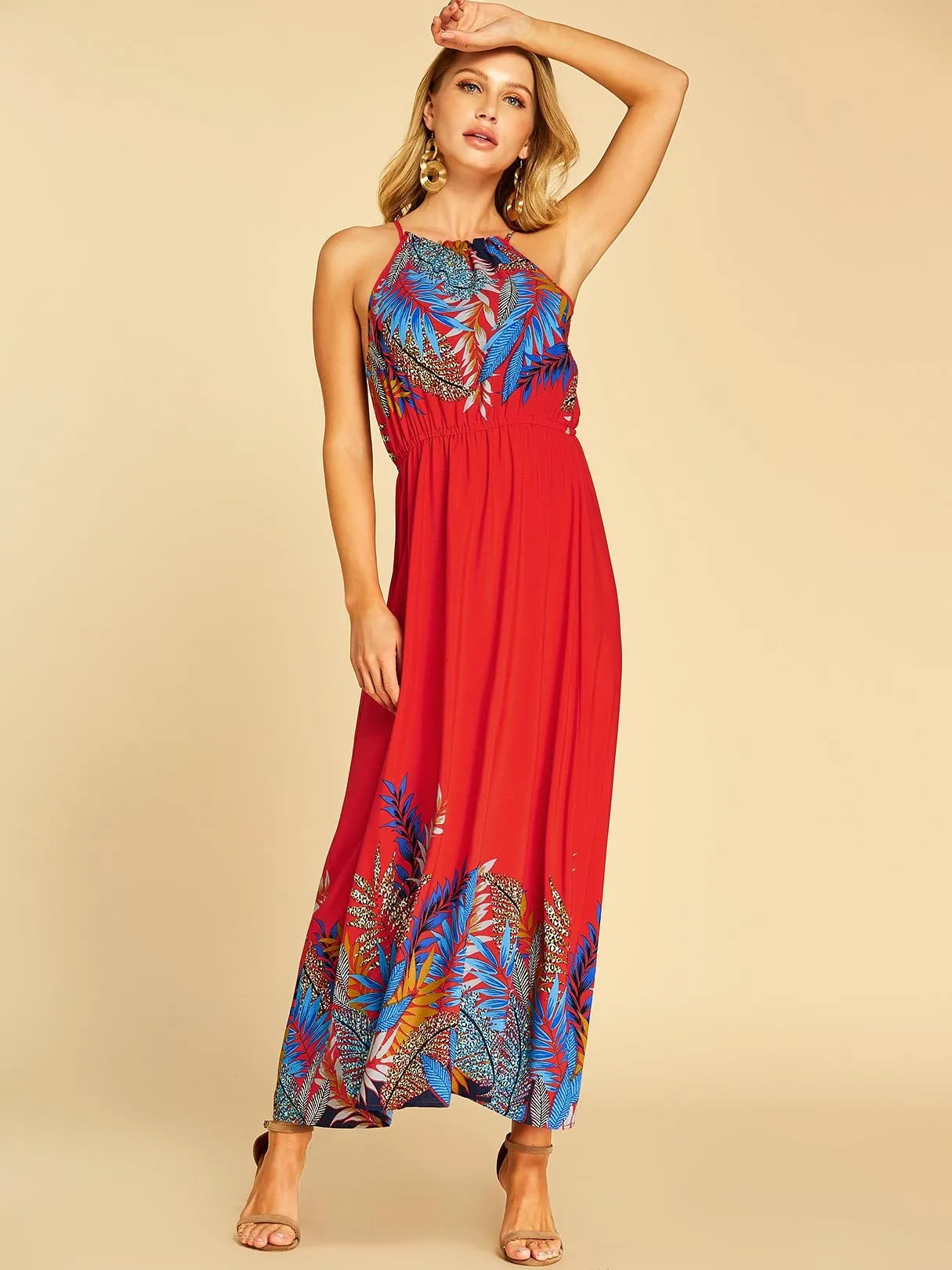 Wholesale Red Halter Sleeveless Floral Print Casual Dress