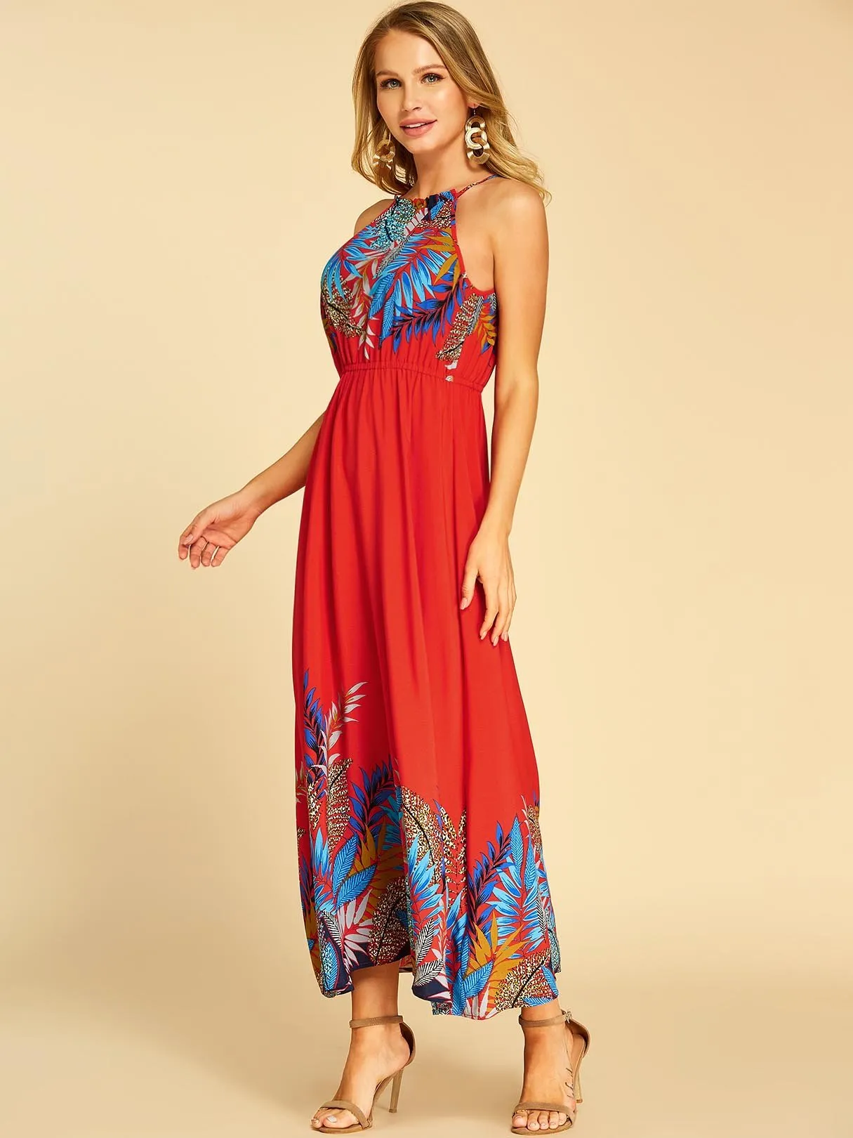 Wholesale Red Halter Sleeveless Floral Print Casual Dress
