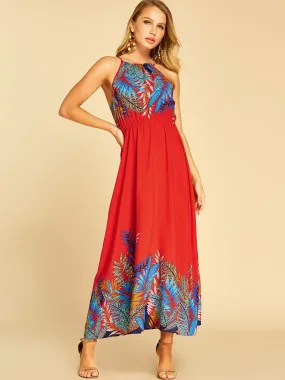Wholesale Red Halter Sleeveless Floral Print Casual Dress