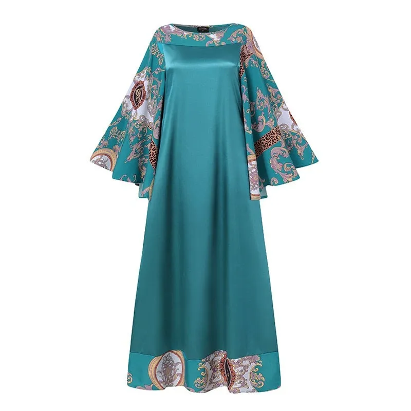 Women Flare Sleeve Vintage Printed Maxi Dress Loose Sundress