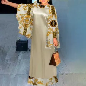 Women Flare Sleeve Vintage Printed Maxi Dress Loose Sundress
