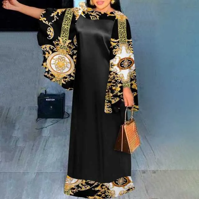 Women Flare Sleeve Vintage Printed Maxi Dress Loose Sundress