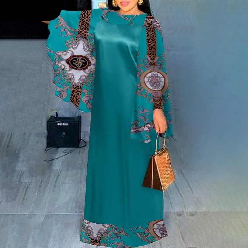 Women Flare Sleeve Vintage Printed Maxi Dress Loose Sundress