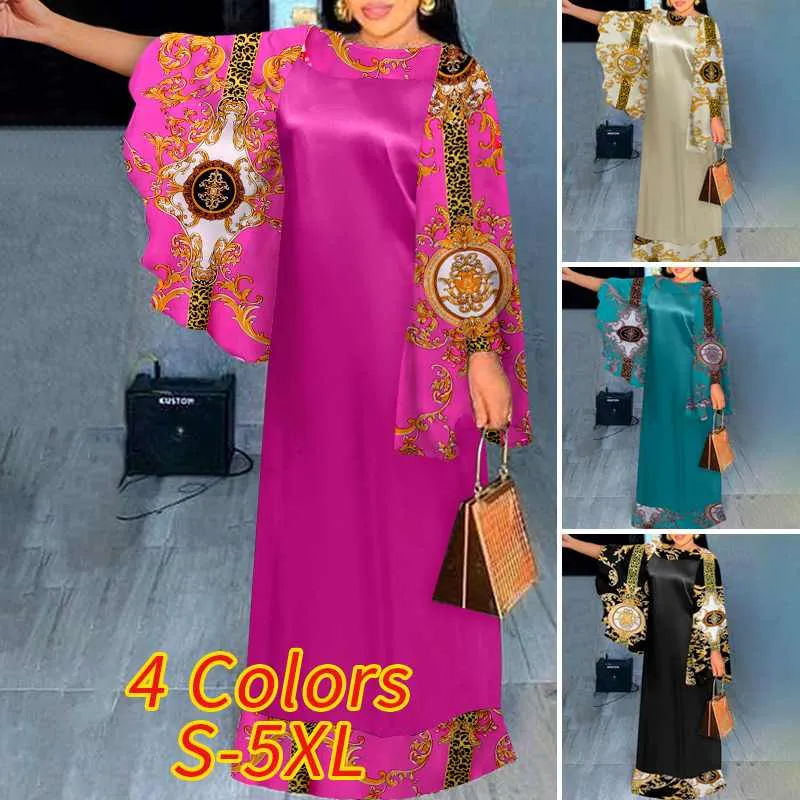 Women Flare Sleeve Vintage Printed Maxi Dress Loose Sundress