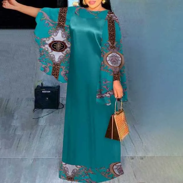 Women Flare Sleeve Vintage Printed Maxi Dress Loose Sundress