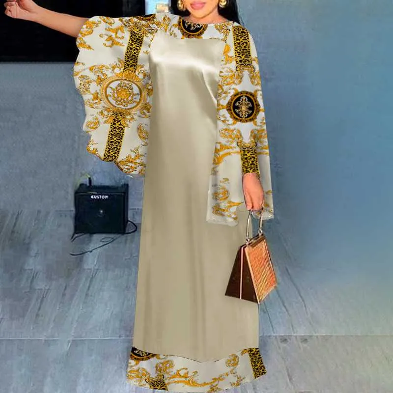 Women Flare Sleeve Vintage Printed Maxi Dress Loose Sundress
