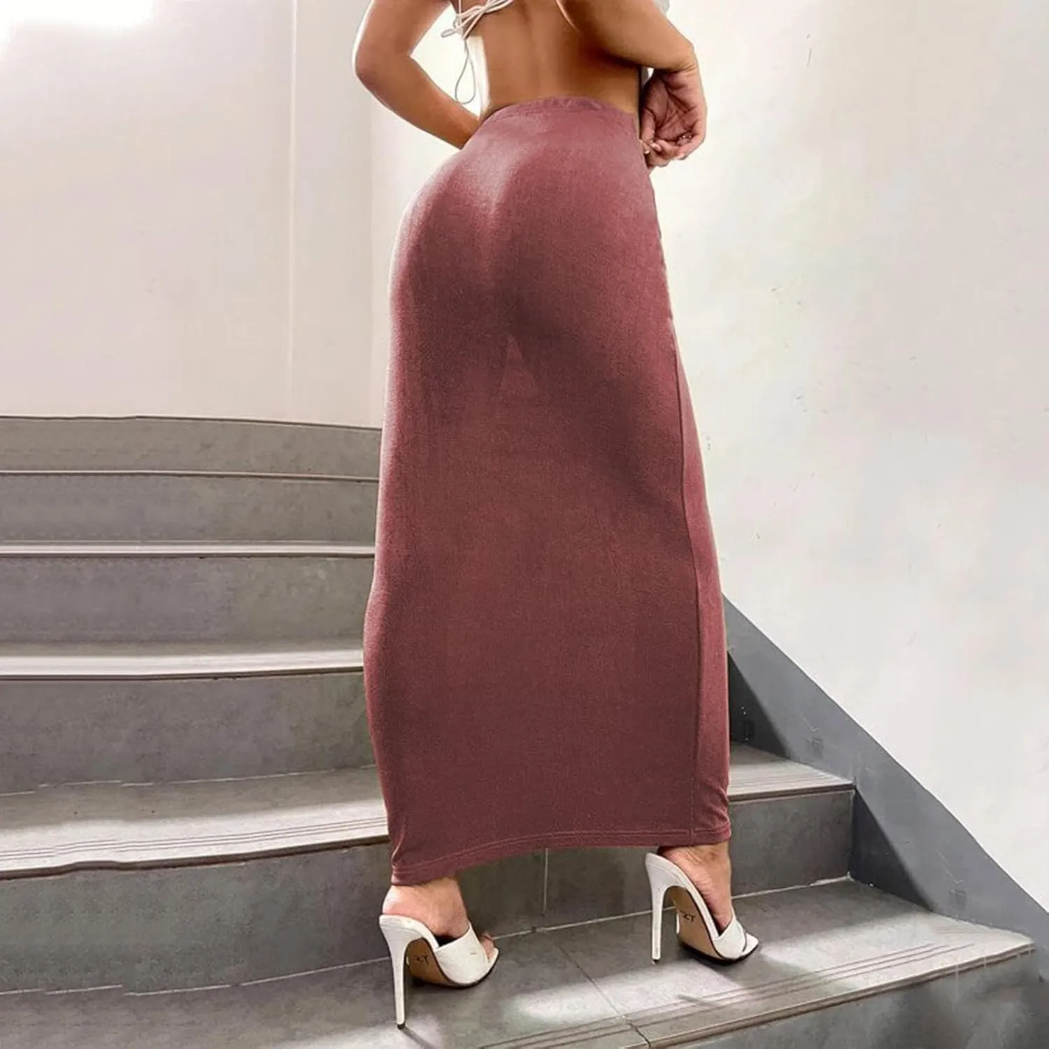 Women Long Pencil Skirt - High Waisted Summer Fall Y2K Club Bodycon Tight Maxi Skirts Elegant Velvet Party Skirt
