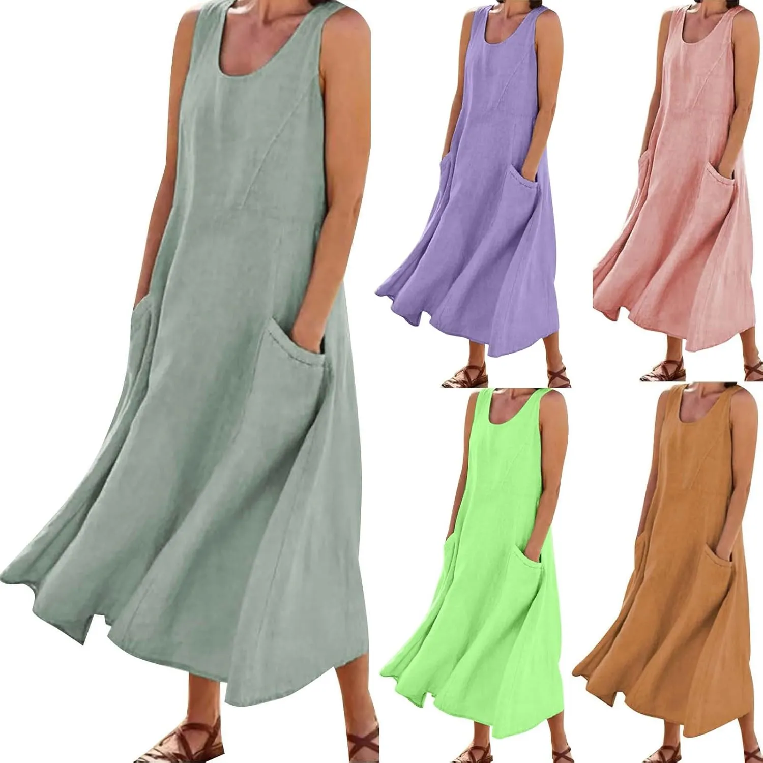 Women Maxi Dress Summer Casual Sleeveless Sundress Crew Neck Long Dresses with Pockets 2025 Beach Vacation