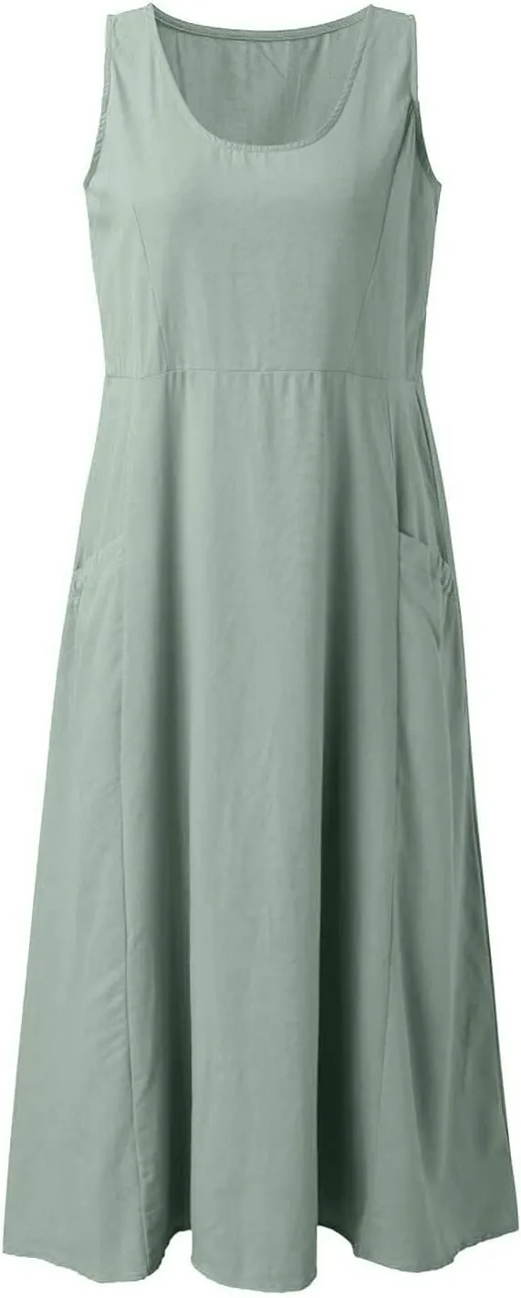 Women Maxi Dress Summer Casual Sleeveless Sundress Crew Neck Long Dresses with Pockets 2025 Beach Vacation