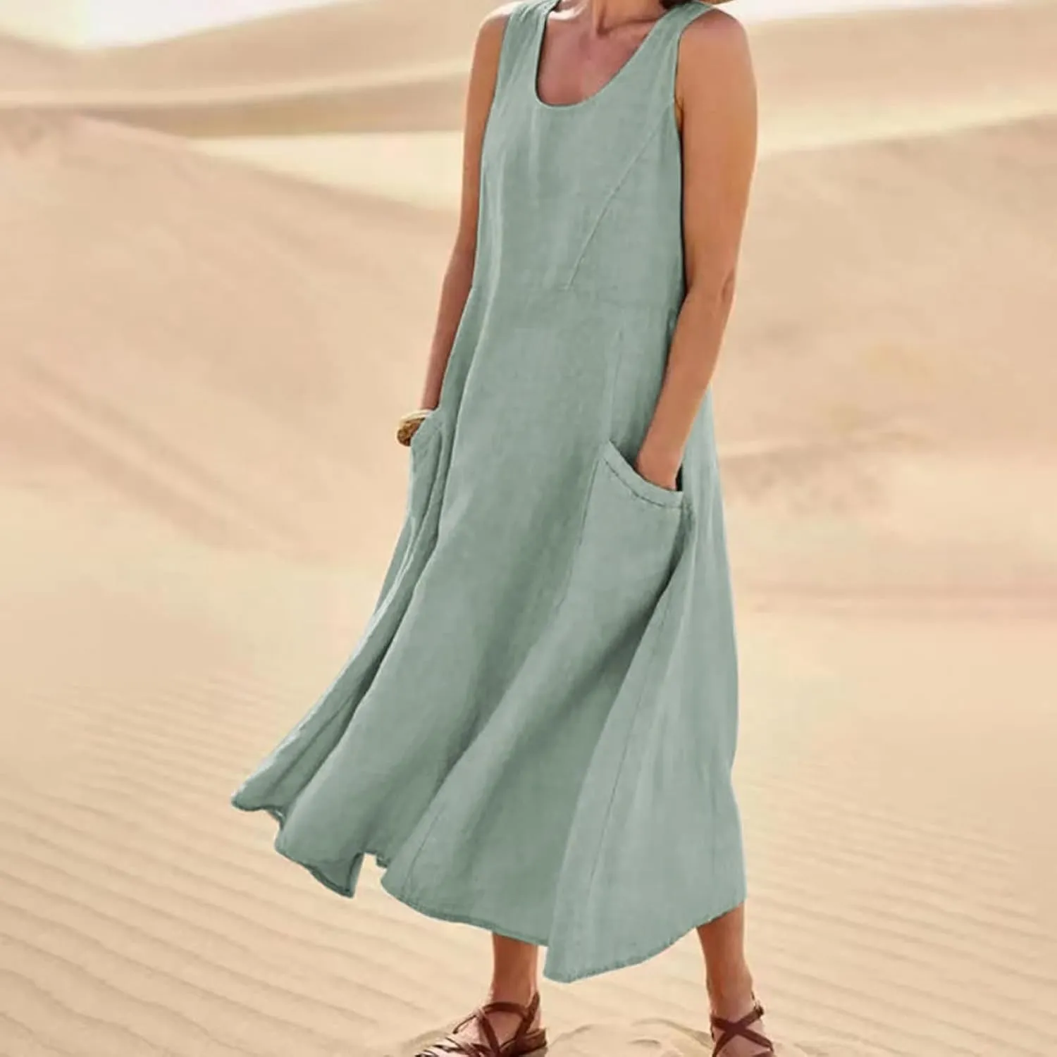Women Maxi Dress Summer Casual Sleeveless Sundress Crew Neck Long Dresses with Pockets 2025 Beach Vacation
