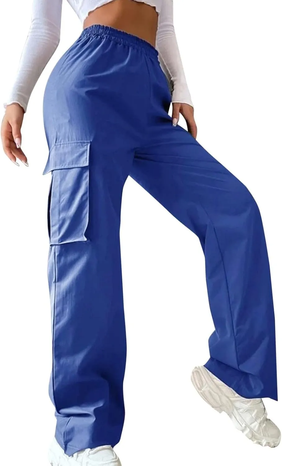 Women's Belt Less High Elastic Waisted Straight Leg Relaxed Style Trousers Slim Fit Fashion and Cool Streetwear