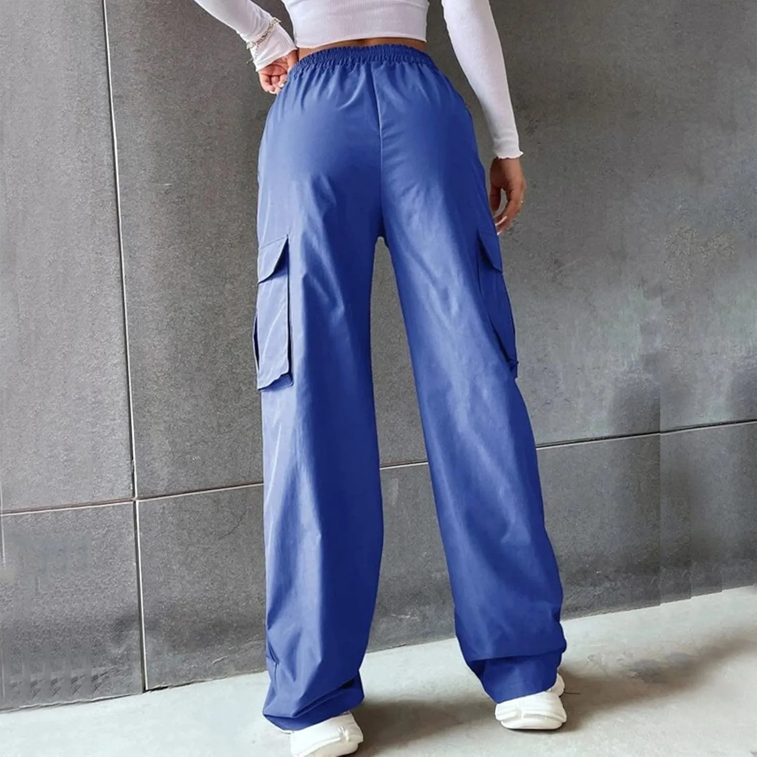 Women's Belt Less High Elastic Waisted Straight Leg Relaxed Style Trousers Slim Fit Fashion and Cool Streetwear