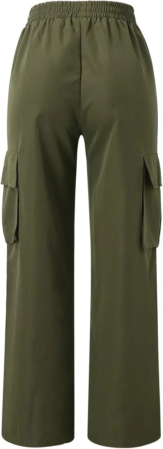 Women's Belt Less High Elastic Waisted Straight Leg Relaxed Style Trousers Slim Fit Fashion and Cool Streetwear