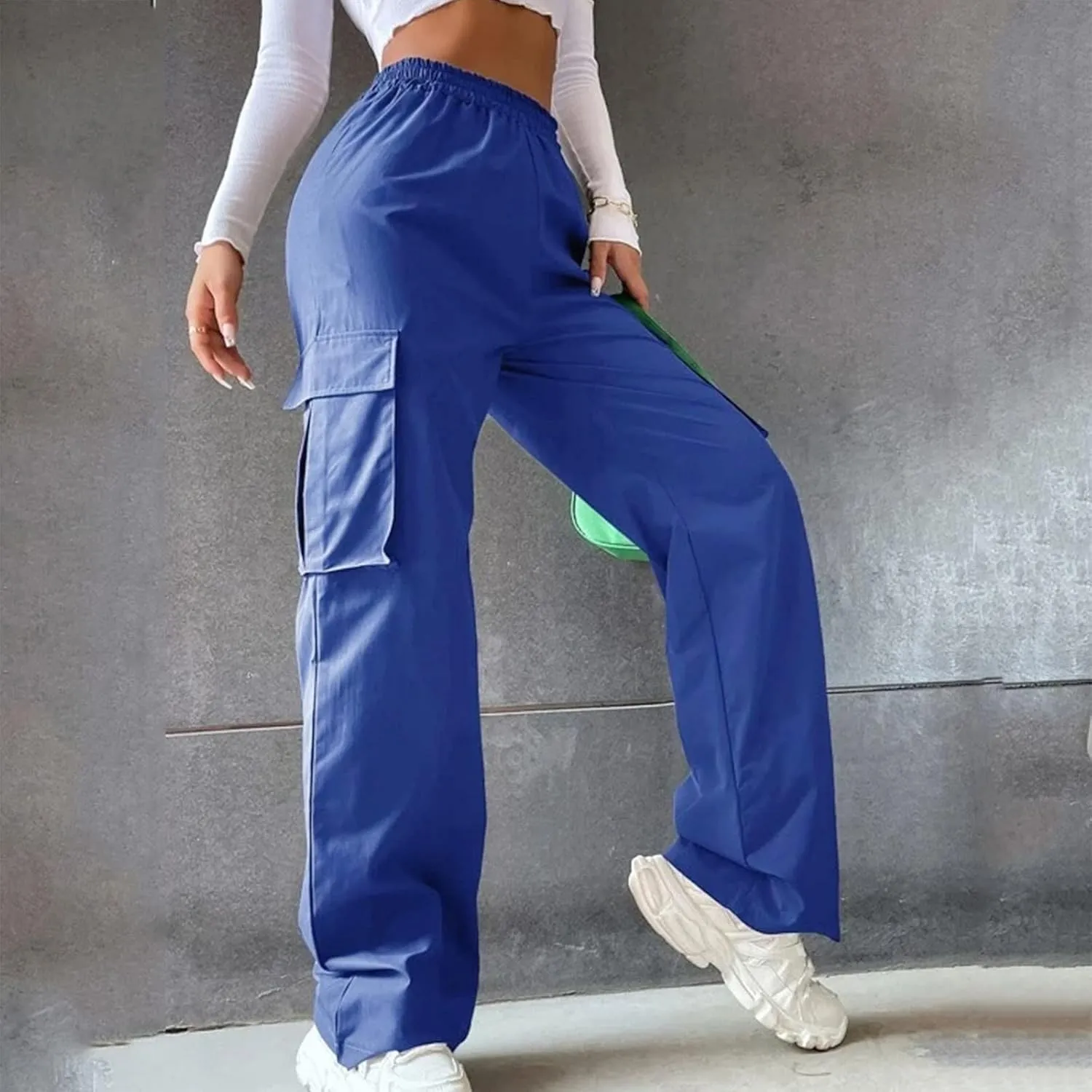 Women's Belt Less High Elastic Waisted Straight Leg Relaxed Style Trousers Slim Fit Fashion and Cool Streetwear