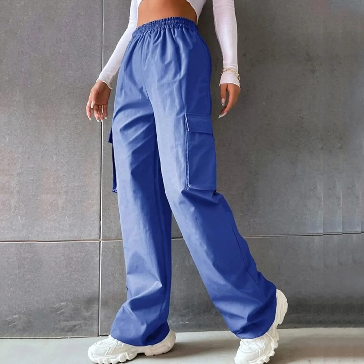 Women's Belt Less High Elastic Waisted Straight Leg Relaxed Style Trousers Slim Fit Fashion and Cool Streetwear