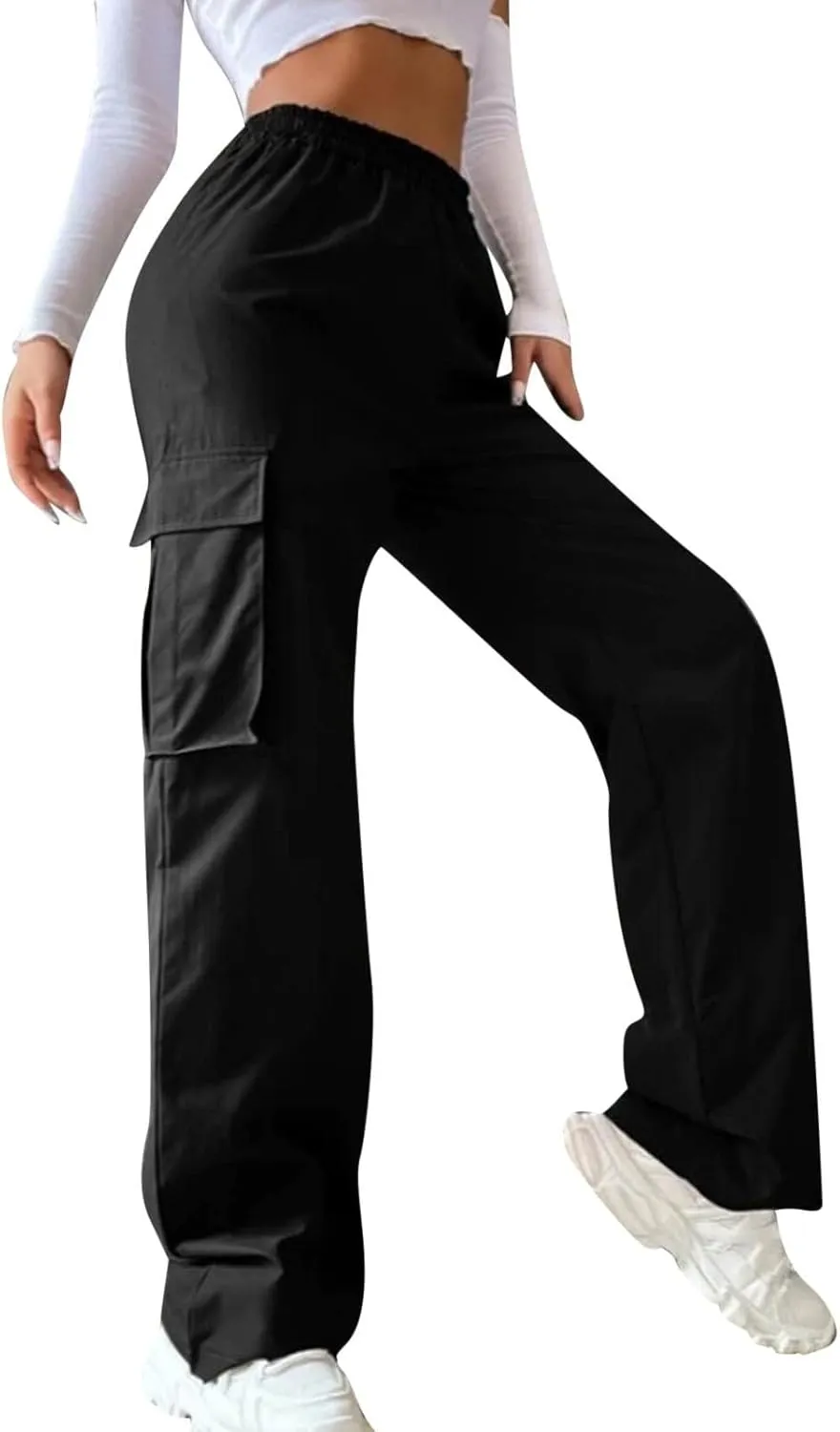 Women's Belt Less High Elastic Waisted Straight Leg Relaxed Style Trousers Slim Fit Fashion and Cool Streetwear