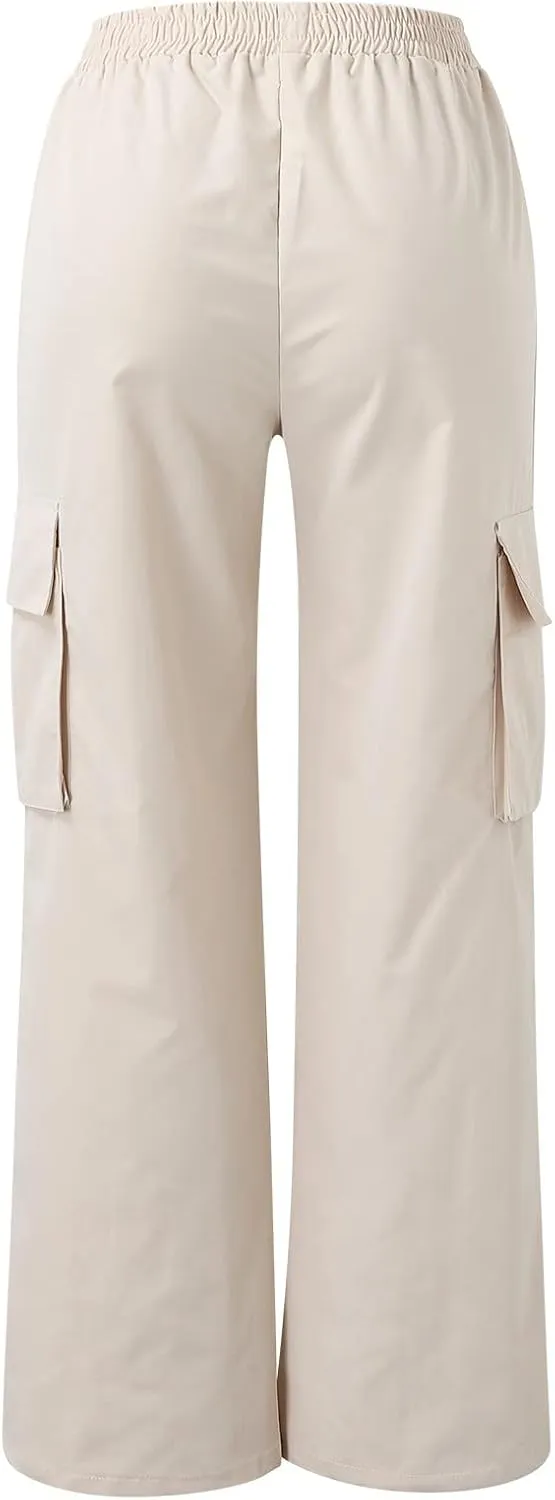 Women's Belt Less High Waisted Wide Leg Trousers Straight Leg Relaxed Style Casual Pants Ladies Slim Fit Cargo
