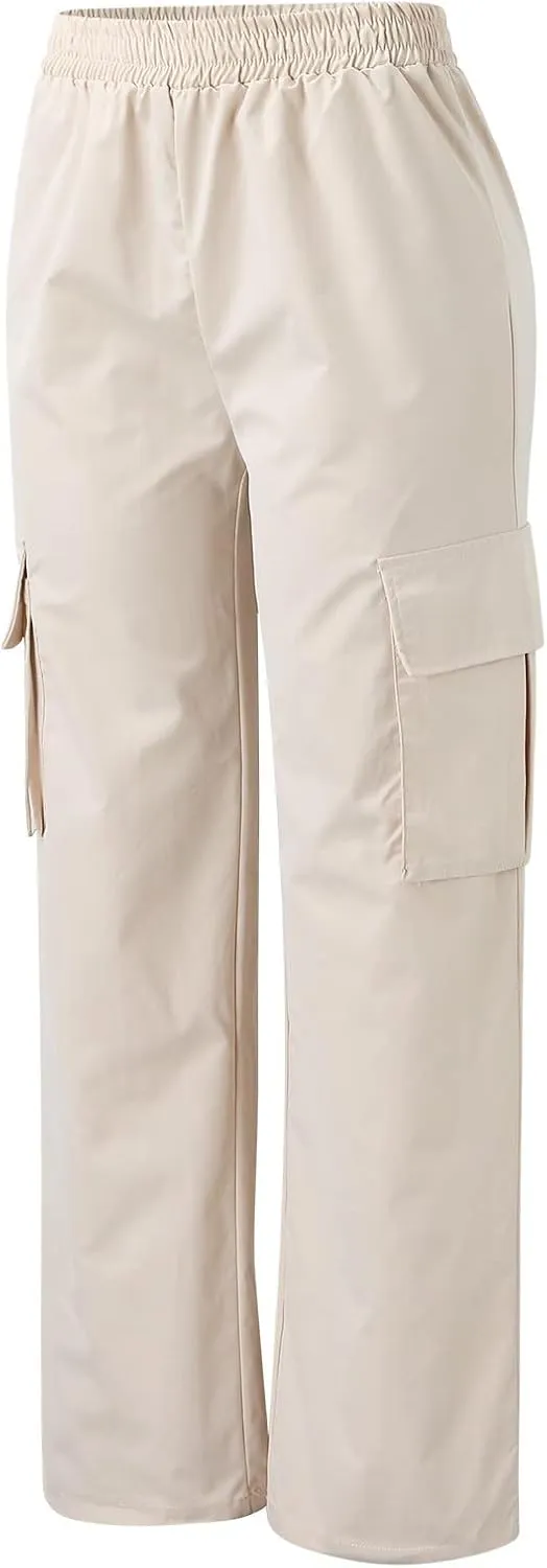Women's Belt Less High Waisted Wide Leg Trousers Straight Leg Relaxed Style Casual Pants Ladies Slim Fit Cargo