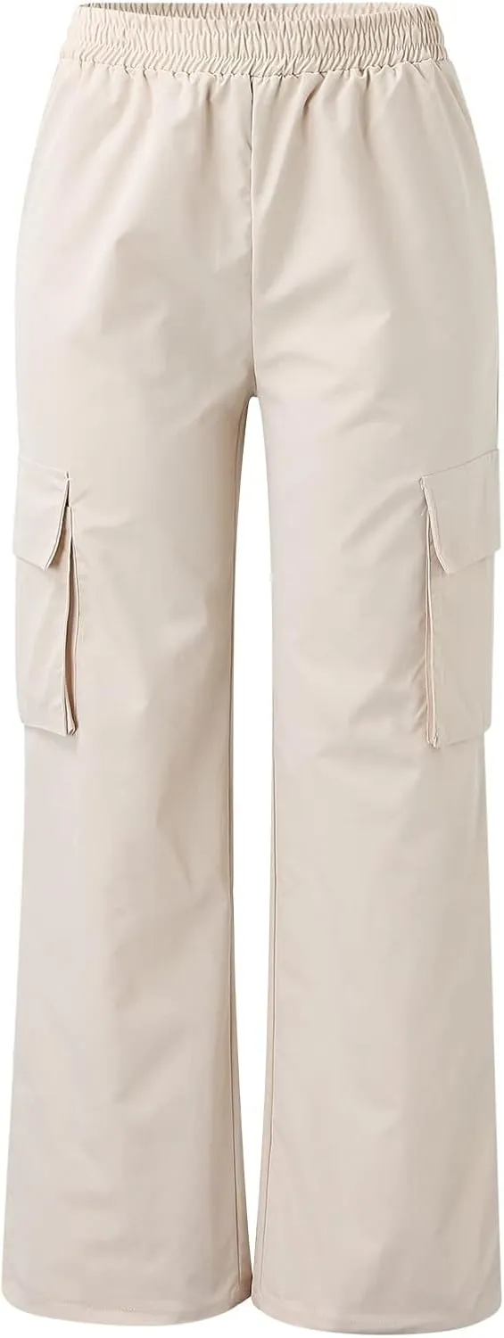 Women's Belt Less High Waisted Wide Leg Trousers Straight Leg Relaxed Style Casual Pants Ladies Slim Fit Cargo
