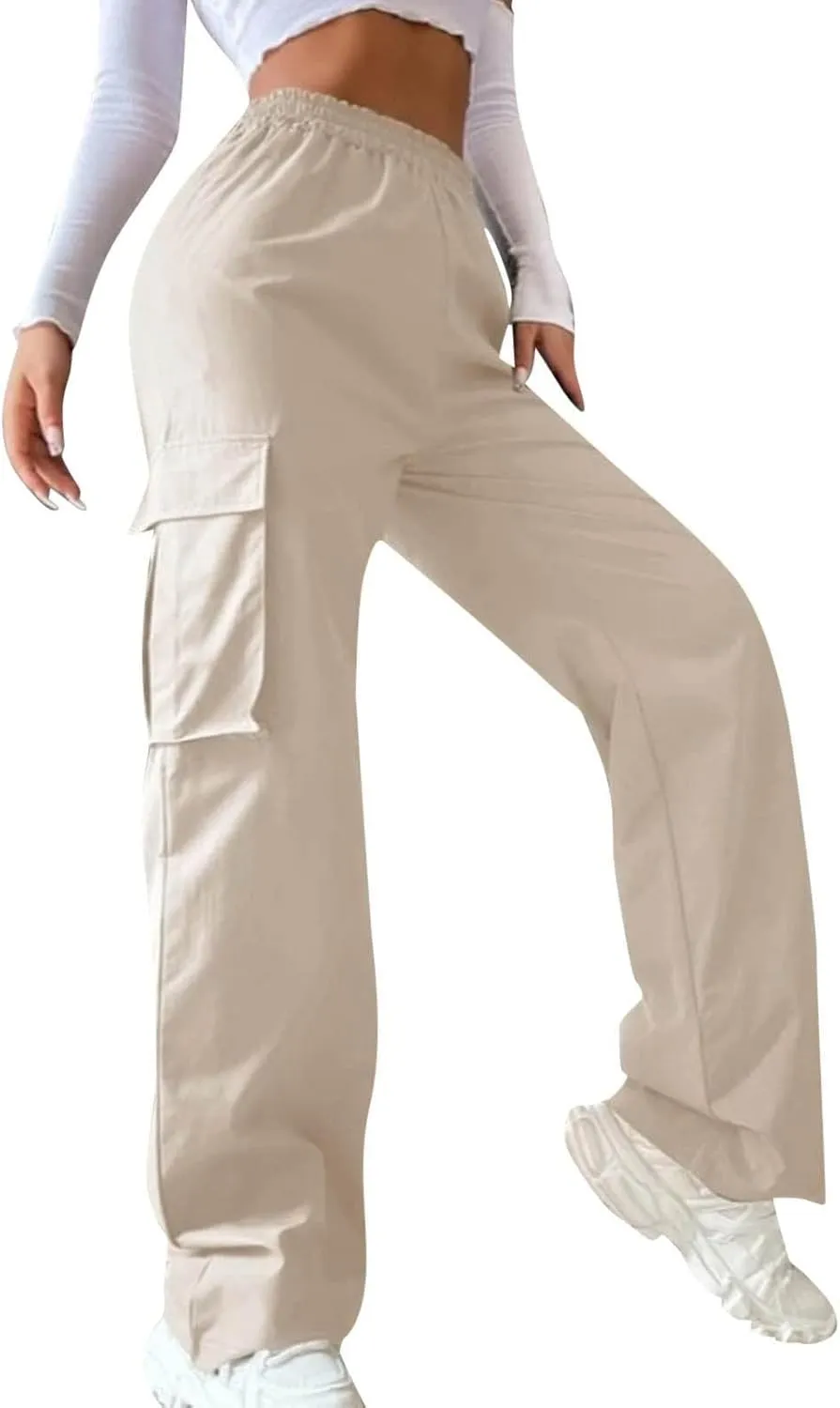 Women's Belt Less High Waisted Wide Leg Trousers Straight Leg Relaxed Style Casual Pants Ladies Slim Fit Cargo