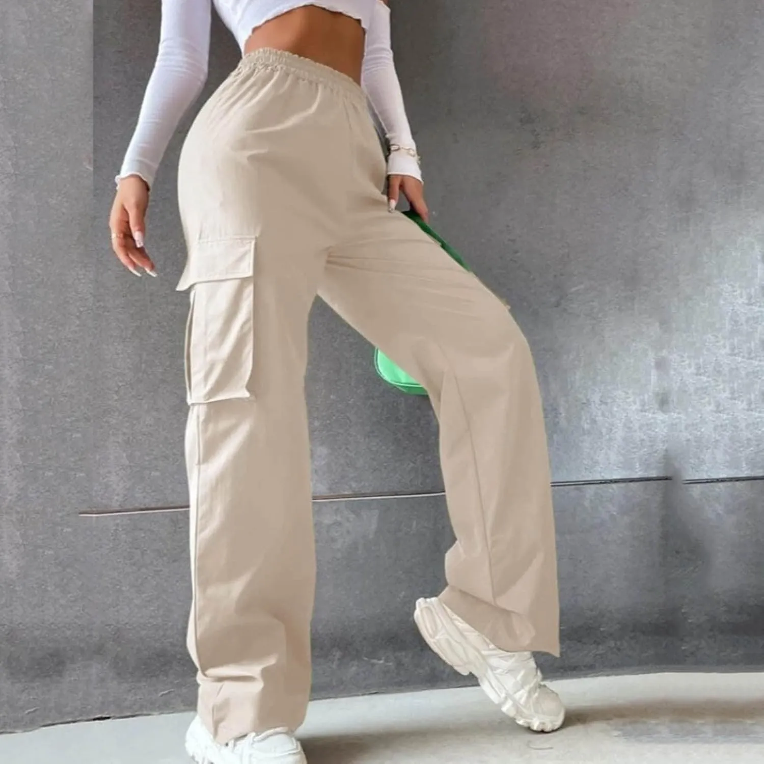 Women's Belt Less High Waisted Wide Leg Trousers Straight Leg Relaxed Style Casual Pants Ladies Slim Fit Cargo