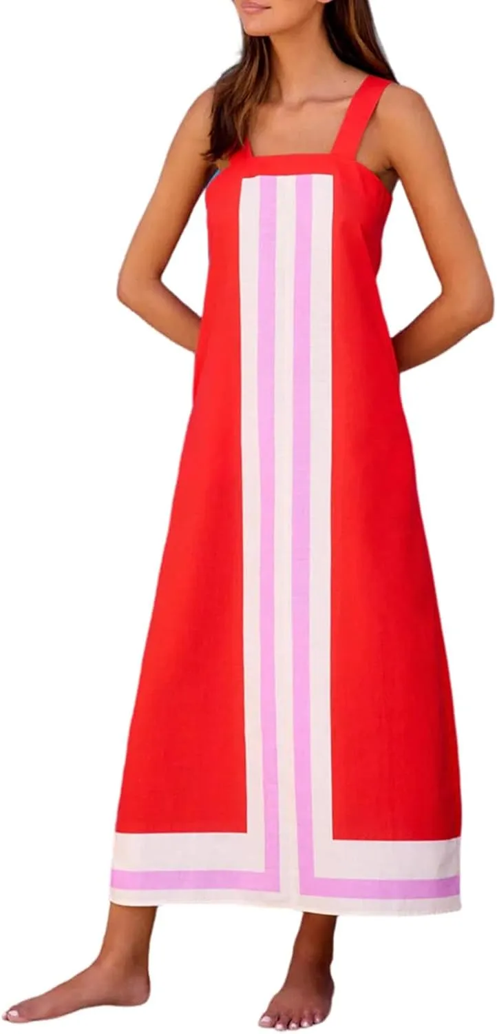 Womens Boho Floral Dress Summer Casual Color Block Maxi Beach Vacation Overall Dress Coverups Sleeveless Tank Dress