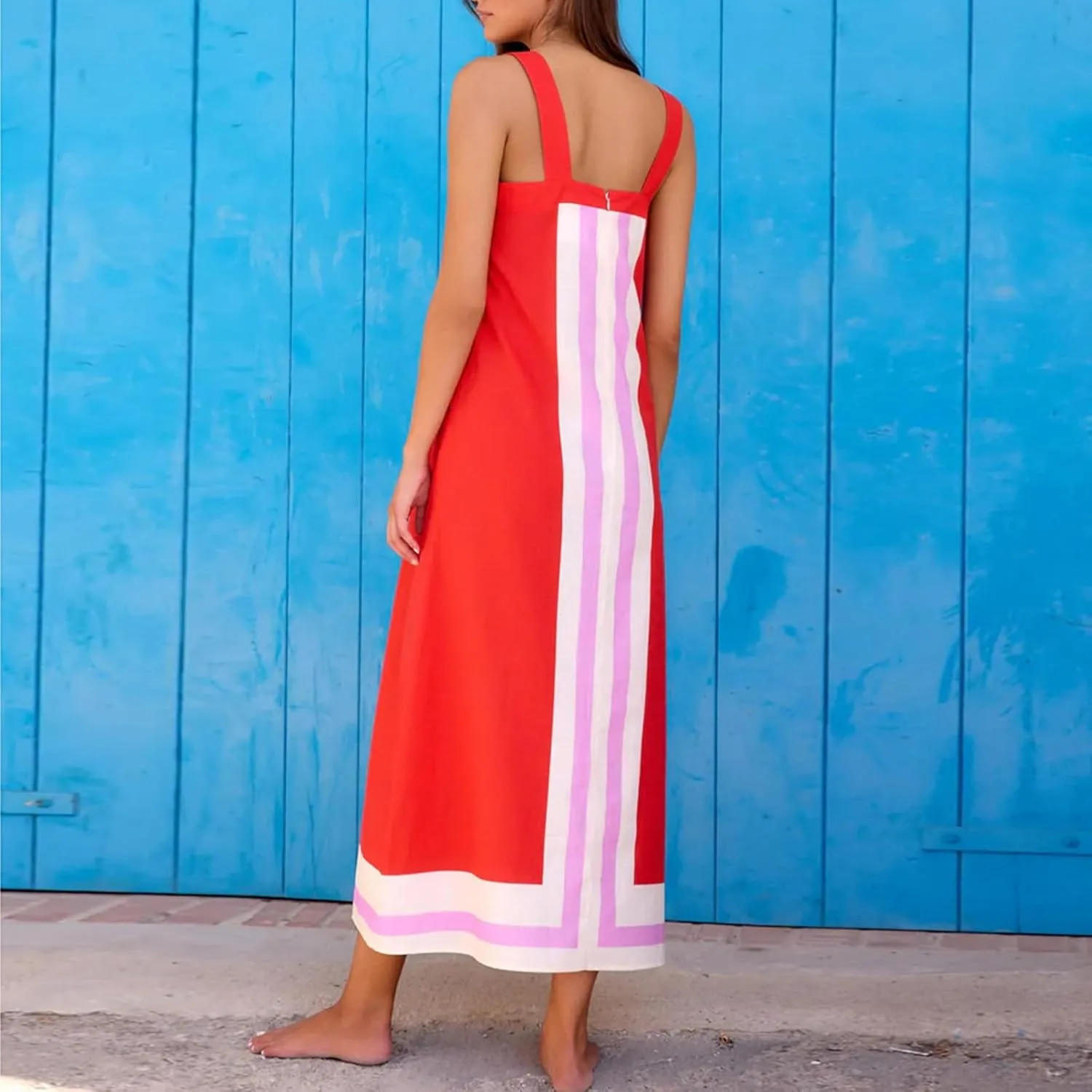 Womens Boho Floral Dress Summer Casual Color Block Maxi Beach Vacation Overall Dress Coverups Sleeveless Tank Dress