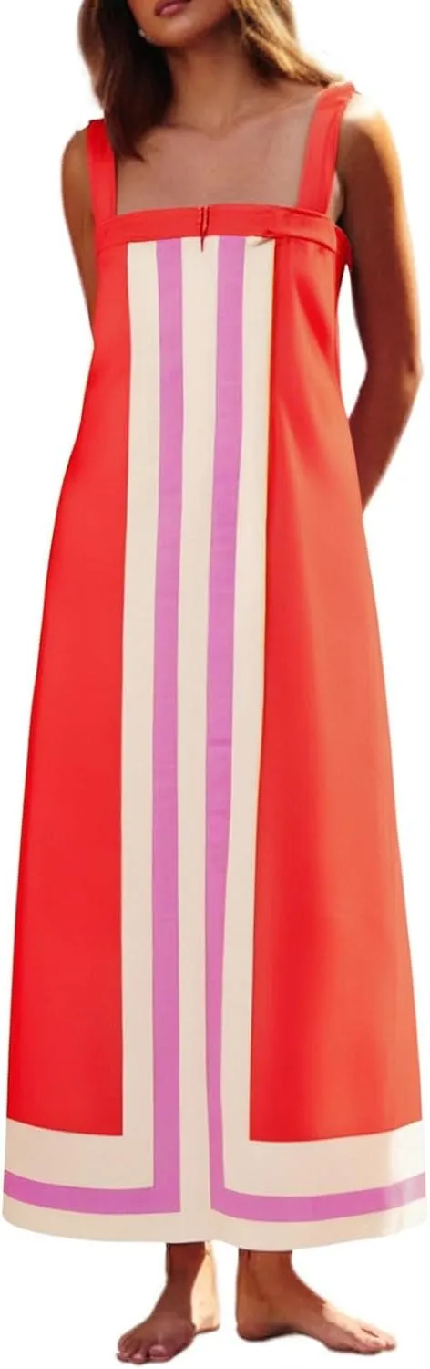 Womens Boho Floral Dress Summer Casual Color Block Maxi Beach Vacation Overall Dress Coverups Sleeveless Tank Dress