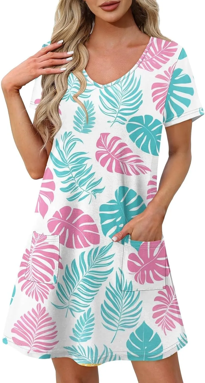 Women's Boho Floral Hawaiian Dresses with Pockets, Short Sleeve V-Neck Mini Sundress Summer Beach Outfits