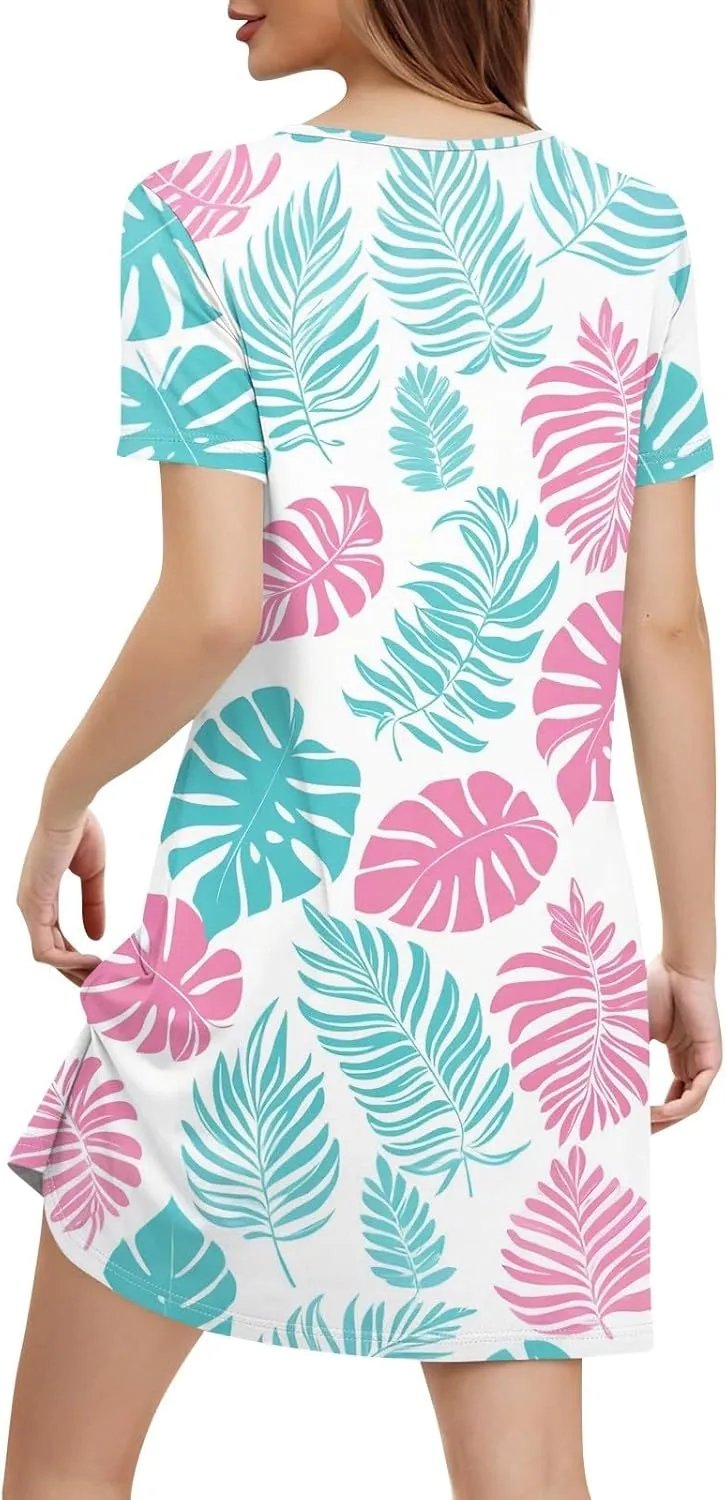 Women's Boho Floral Hawaiian Dresses with Pockets, Short Sleeve V-Neck Mini Sundress Summer Beach Outfits