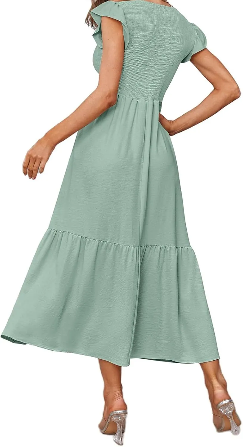 Women's Casual Maxi Dresses Ruffle Sleeve Crew Neck Long Dress Elegant Empire Waist Wedding Dresses Tiered A-Line Dress