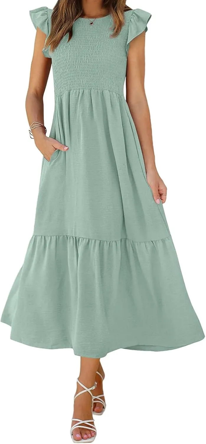 Women's Casual Maxi Dresses Ruffle Sleeve Crew Neck Long Dress Elegant Empire Waist Wedding Dresses Tiered A-Line Dress