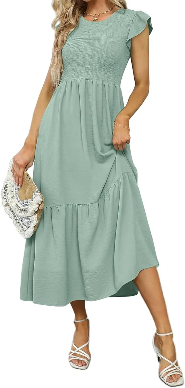Women's Casual Maxi Dresses Ruffle Sleeve Crew Neck Long Dress Elegant Empire Waist Wedding Dresses Tiered A-Line Dress