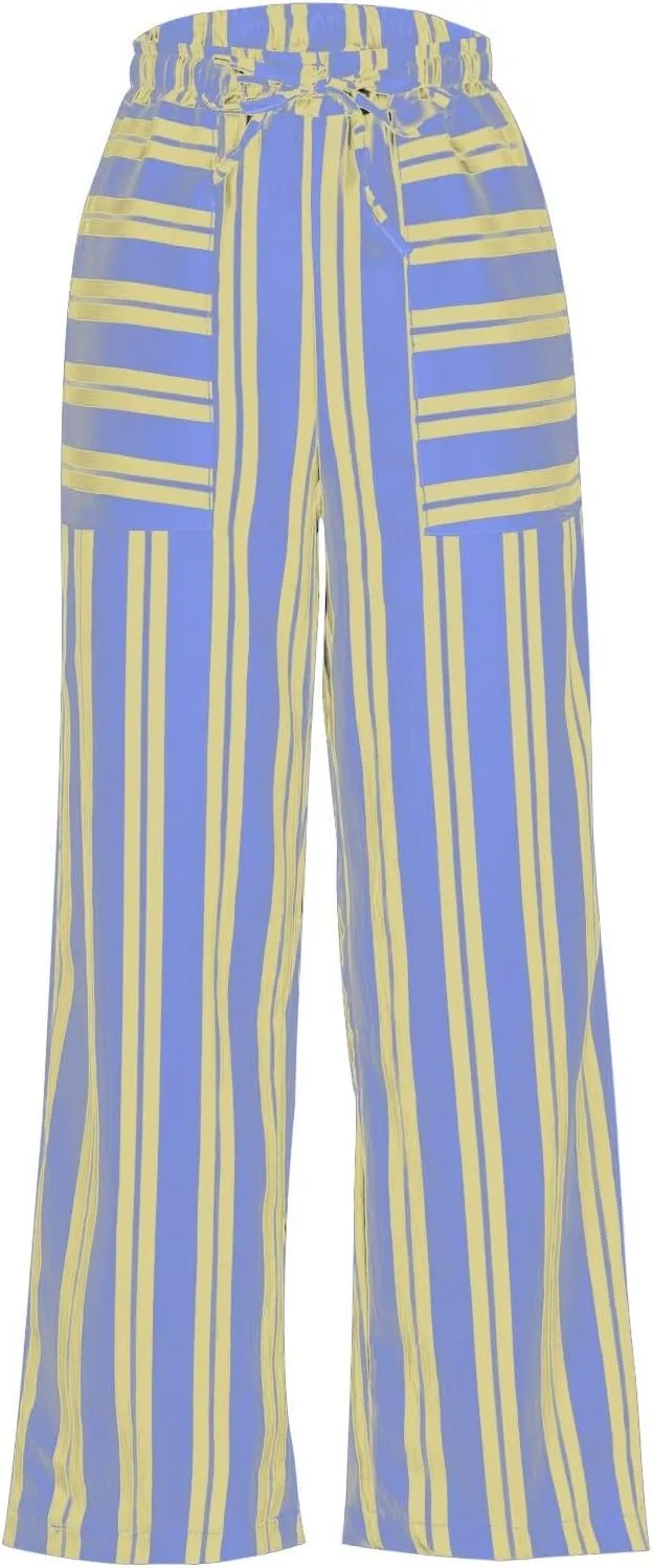 Women's Casual Pants High Waisted Striped Straight Wide Leg Ladies Baggy Relaxed Fit Y2k Trousers Pockets Plus Size