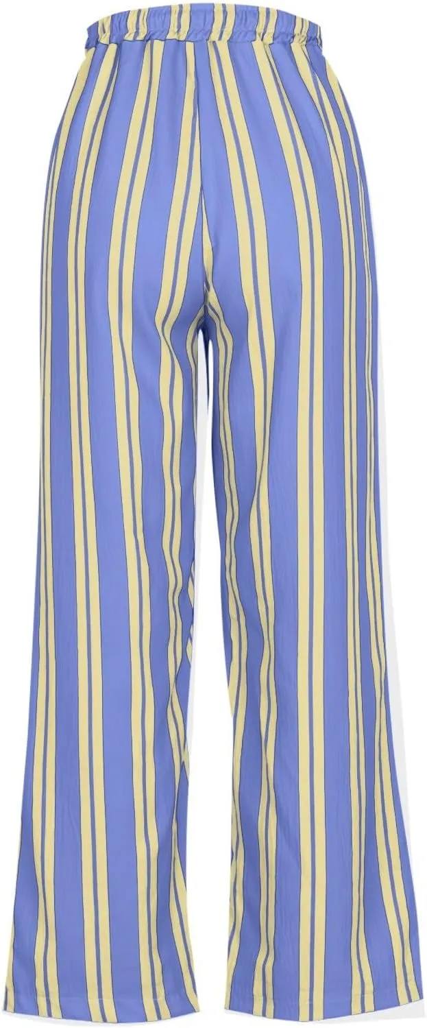 Women's Casual Pants High Waisted Striped Straight Wide Leg Ladies Baggy Relaxed Fit Y2k Trousers Pockets Plus Size