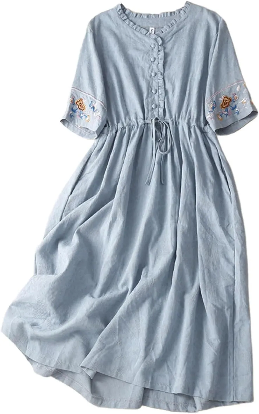 Womens Cotton Linen Casual Dress V Neck Embroidered Short Sleeve A Line Midi Dress Summer Fashion Comfy Sundress