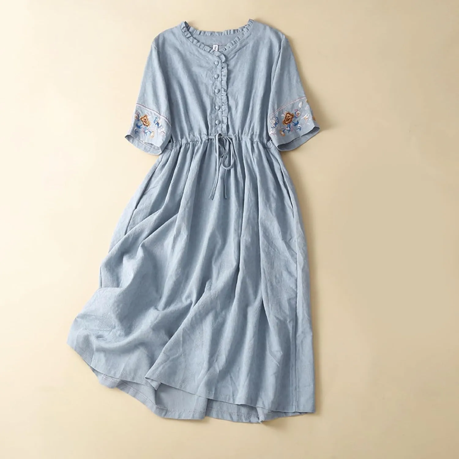 Womens Cotton Linen Casual Dress V Neck Embroidered Short Sleeve A Line Midi Dress Summer Fashion Comfy Sundress