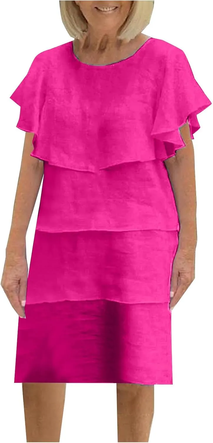 Womens Elegant Ruffle Tiered Dress Elegant Crewneck Flowy Midi Sundress Causal Beach Sun Dress Wedding Guest Dresses