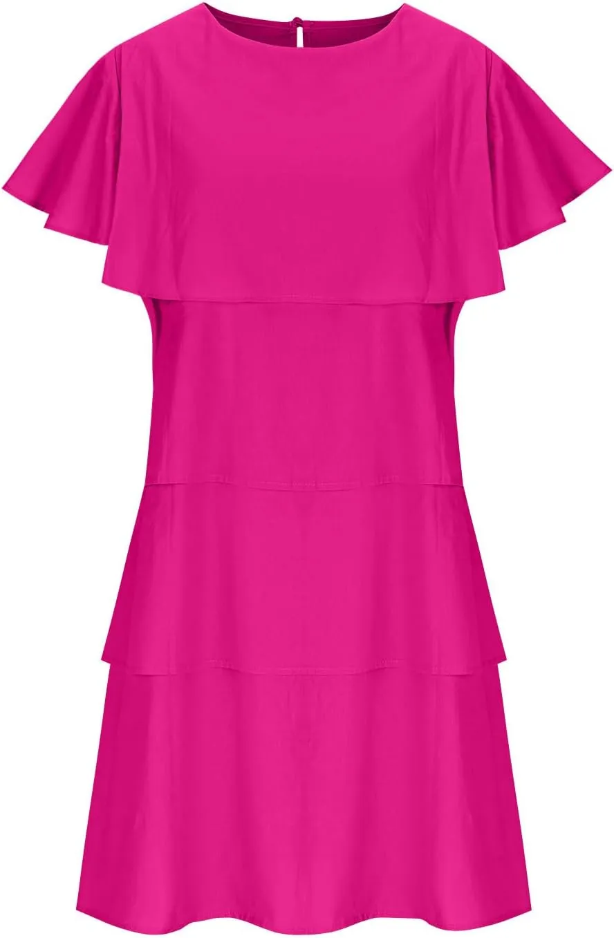 Womens Elegant Ruffle Tiered Dress Elegant Crewneck Flowy Midi Sundress Causal Beach Sun Dress Wedding Guest Dresses