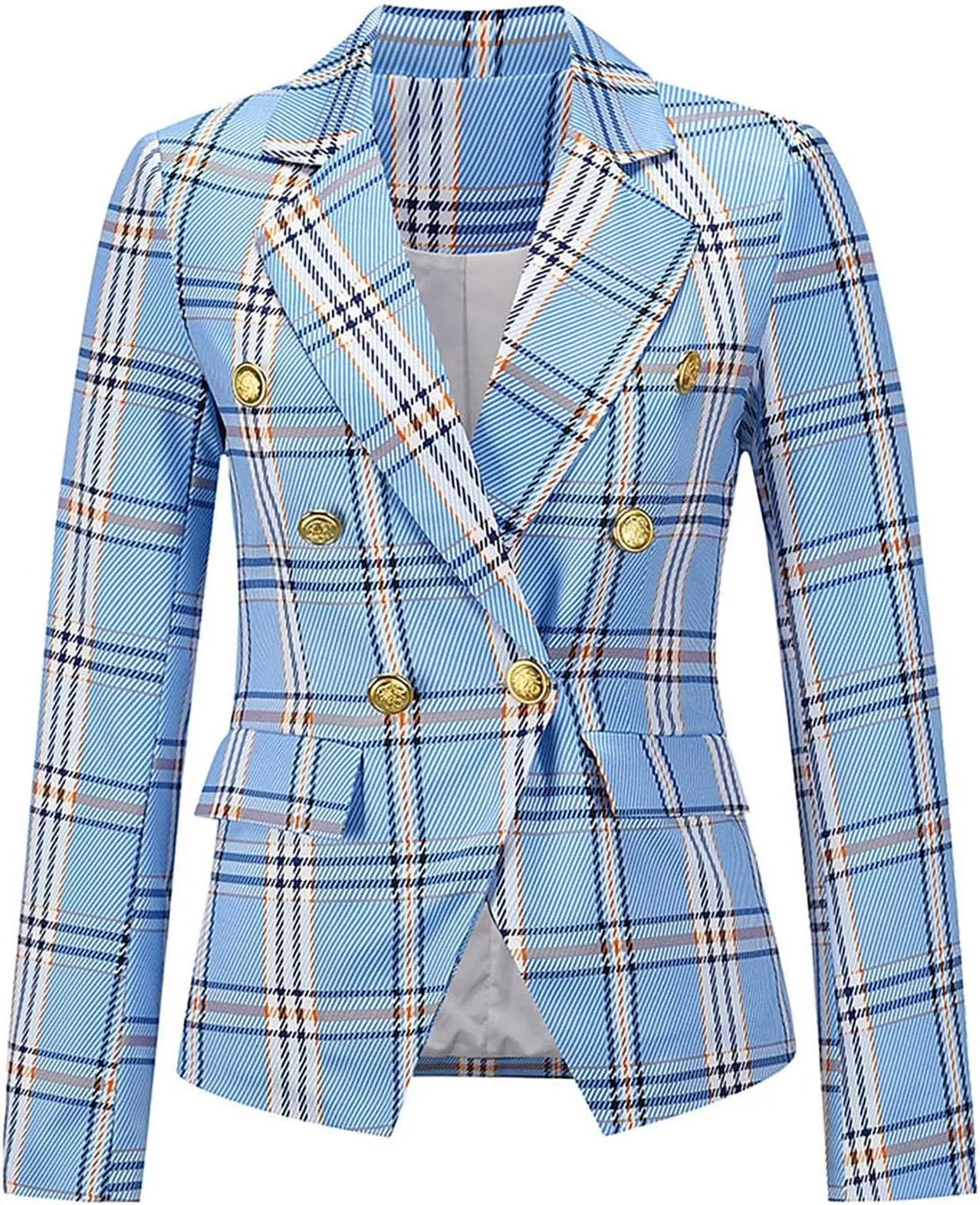 Women's Fashion Elegant Plaid Blazer, Long Sleeve Button Business Jacket Notched Lapel Slim Work Office Blazer Coat