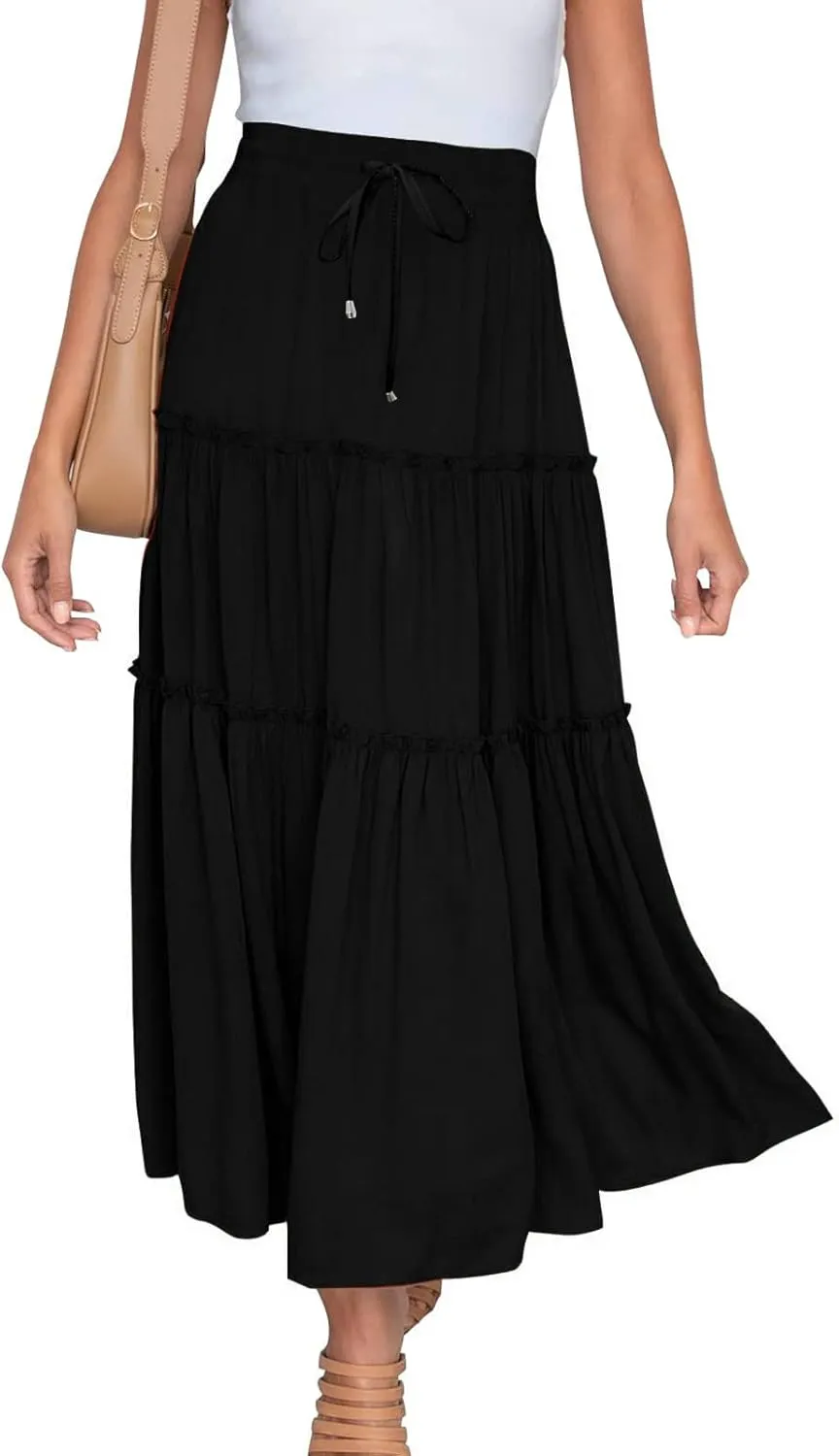 Women's Flowy Boho Maxi Skirt Summer Long Skirts Trendy High Waist Pleated Tiered A Line Beach Mid Calf Skirt